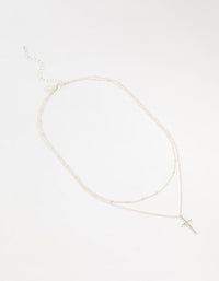 Silver Ball Chain Cross Layered Necklace - link has visual effect only