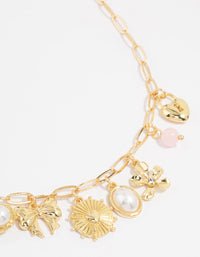 Gold Plated Pink Bead & Pearl Charm Necklace - link has visual effect only