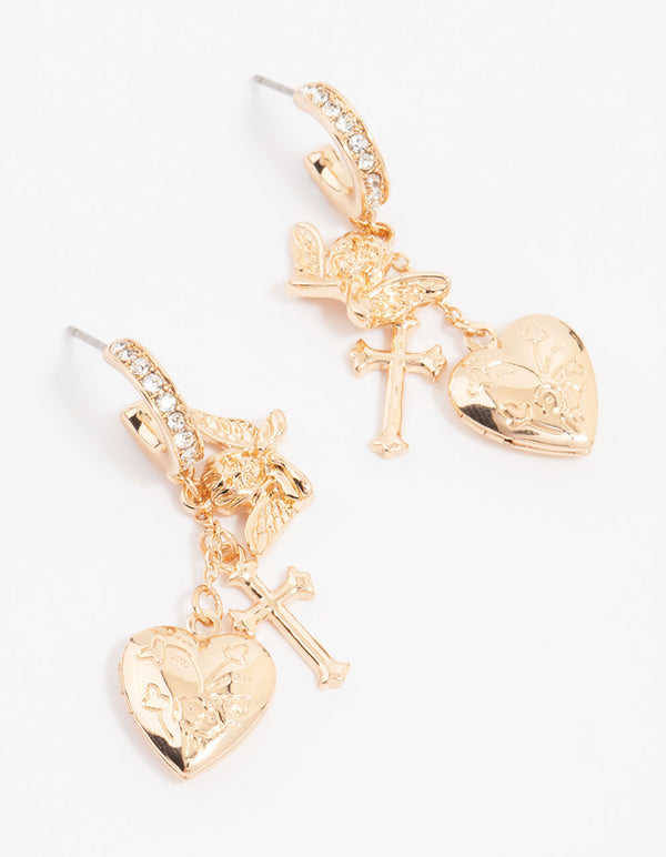 Gold Cherub Heart Cross Huggie Earrings