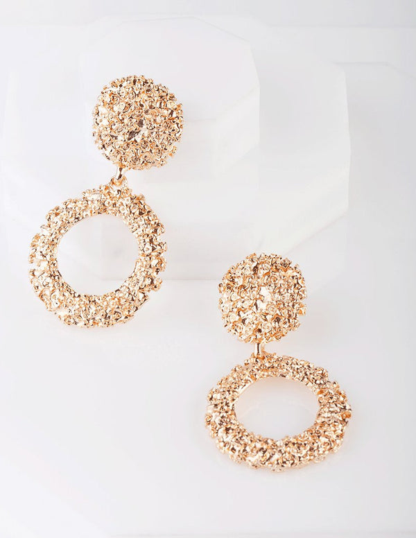 Gold Textured Round Drop Earrings