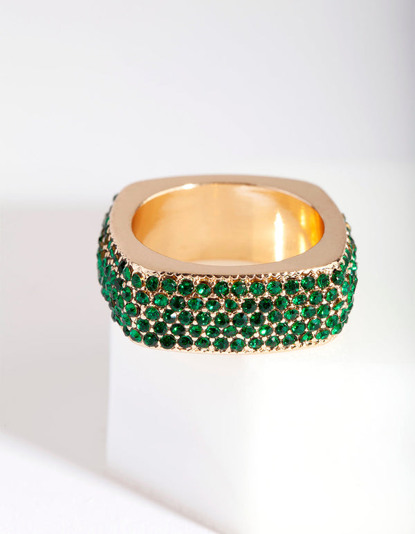 Gold Green Rounded Square Pave Ring