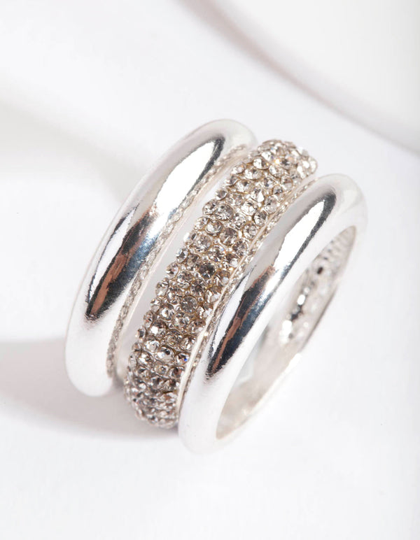 Silver Curve Band Diamante Ring Pack