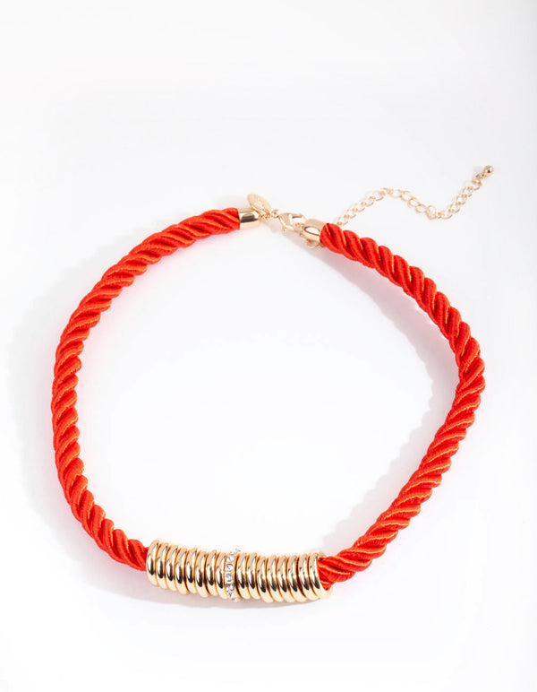 Gold Red Twist Rope Diamante Ring Necklace