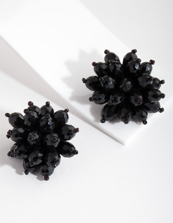 Black Faceted Flower Stud Earrings