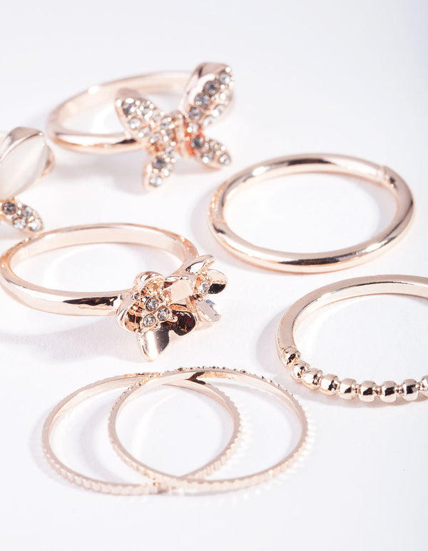 Rose Gold Butterfly & Flower 7-Pack Rings