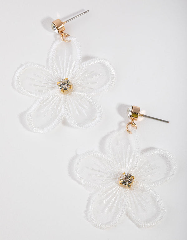 Gold & White Fabric Flower Drop Earrings