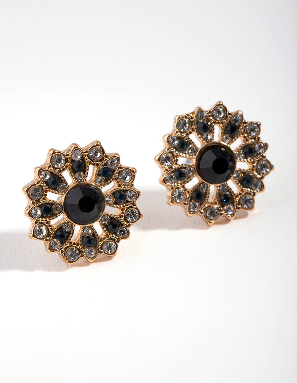 Gold Diamante Round Flower Stud Earrings