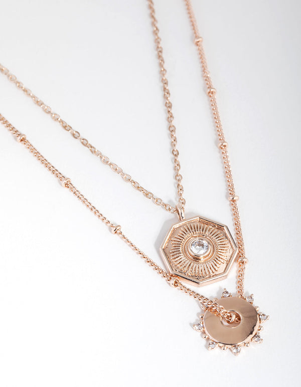 Rose Gold Plated Cubic Zirconia Detailed Disc Necklace Set