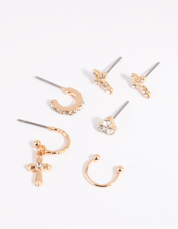 Gold Cross & Diamante Ear Cuff Stack 6-Pack