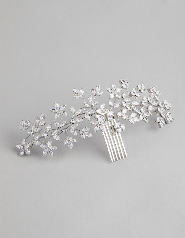 Rhodium Cubic Zirconia Flower Garden Comb