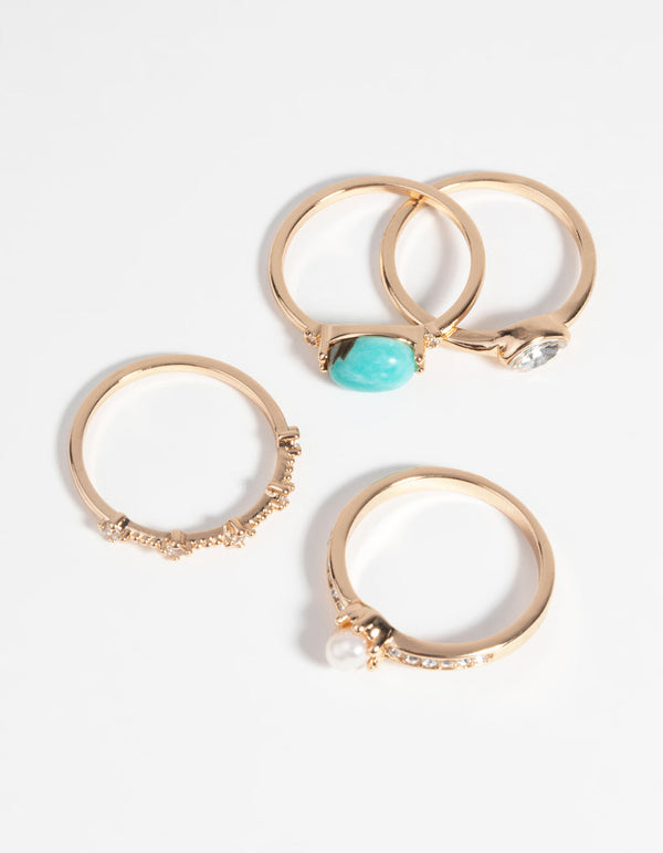 Gold Pearl & Semi-Precious Ring 4-Pack