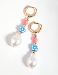 Gold Bright Bead & Pearl Huggie Hoop Earrings - link has visual effect only