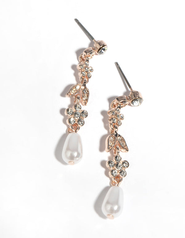 Rose Gold Pearly Floral Drop Earrings