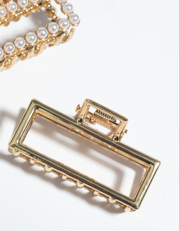 Gold Mini Pearl Rectangular Claw Clip Pack - Lovisa