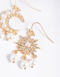 Gold Star & Moon Pearl Drop Earrings - link has visual effect only