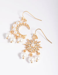 Gold Star & Moon Pearl Drop Earrings - link has visual effect only