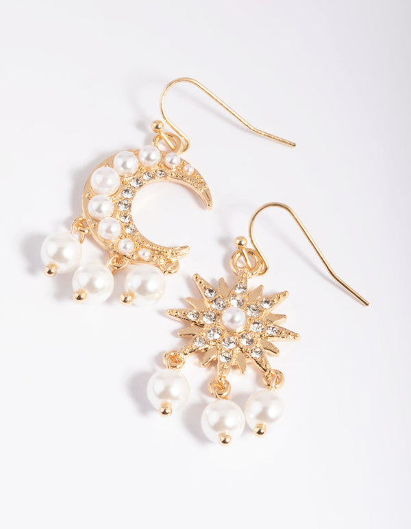 Gold Star & Moon Pearl Drop Earrings