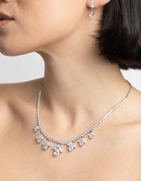 Rhodium Diamond Simulant Flower Necklace & Earrings Set - link has visual effect only