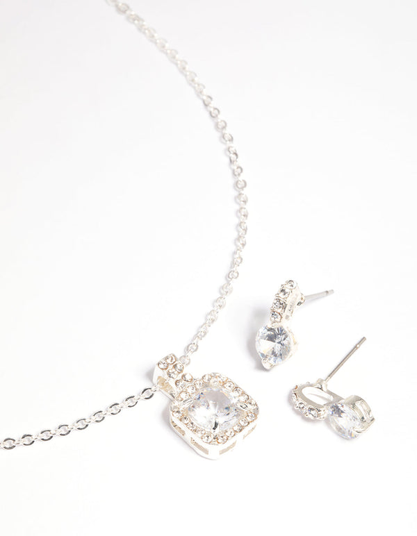 Silver Diamante Cushion Cut Necklace & Earrings Set