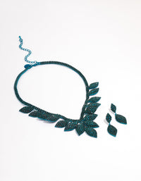 Teal Single Leaf Diamante Earring & Necklace - link has visual effect only