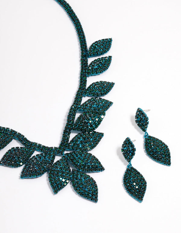 Teal Single Leaf Diamante Earring & Necklace