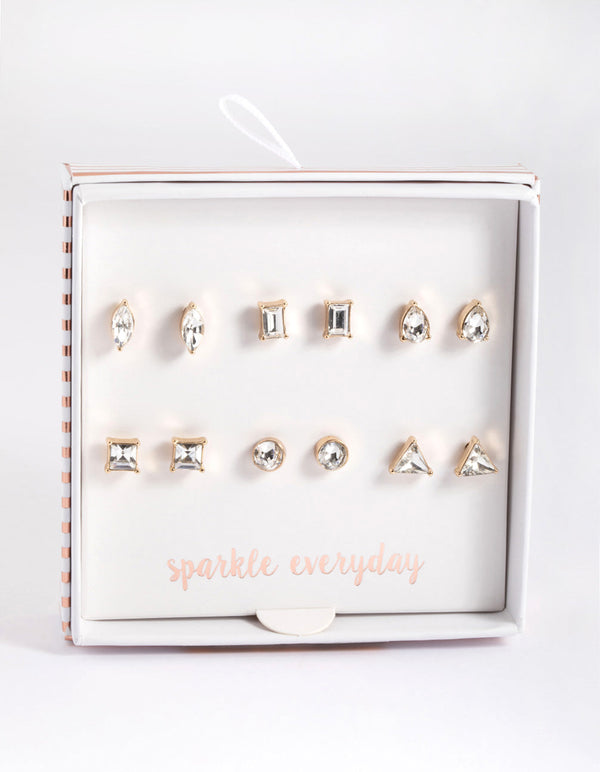 Gold Mixed Cut Diamante Stud Earrings 6-Pack