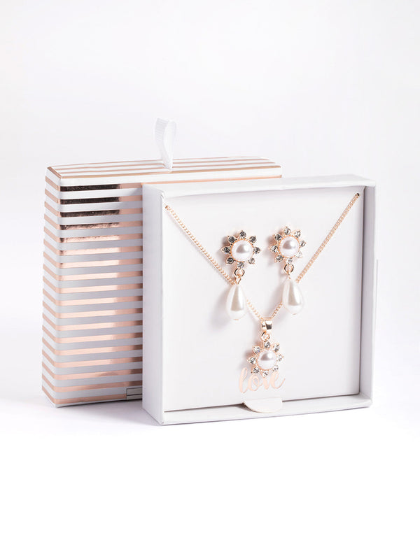 Rose Gold Pearl Flower Necklace & Drop Earrings