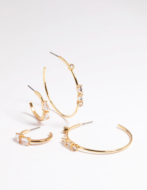 Gold Plated Cubic Zirconia Teardrop 2 Size Hoop Earrings