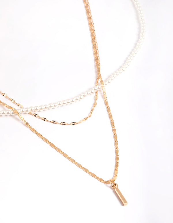 Gold Pearly Mix Chain 3 Row Necklace - Lovisa