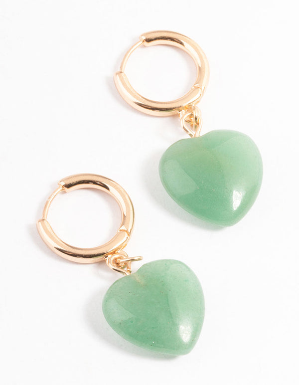 Gold Green Aventurine Heart Huggie Earrings