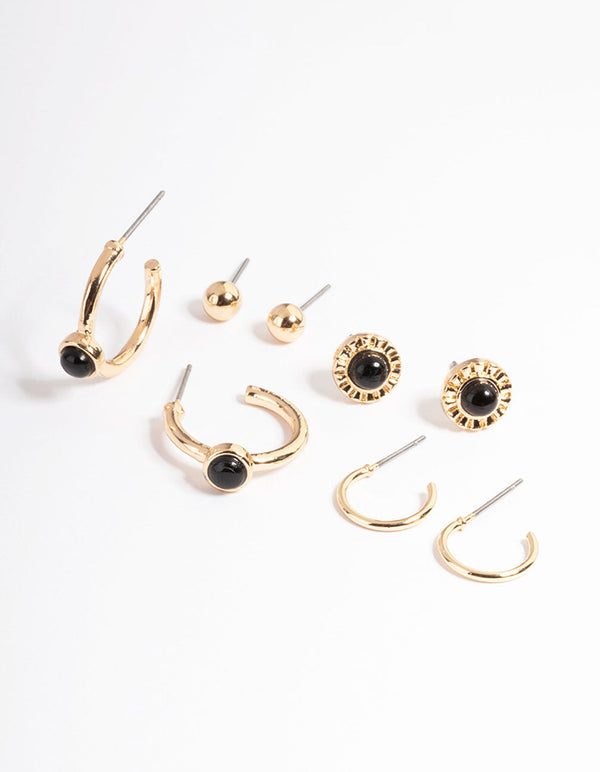 Gold Black Onyx Disc Stack Earring Pack