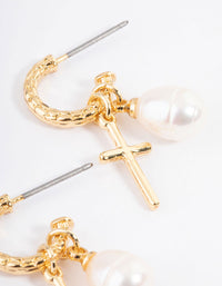 Gold Plated Cross & Freshwater Pearl Hoop Earrings - link has visual effect only