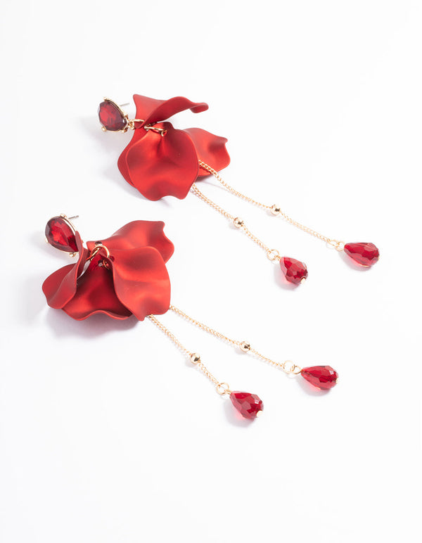 Red Teardrop Stone Petal Drop Earrings