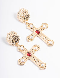 Red Textured Pearly Cross Drop Earrings - link has visual effect only