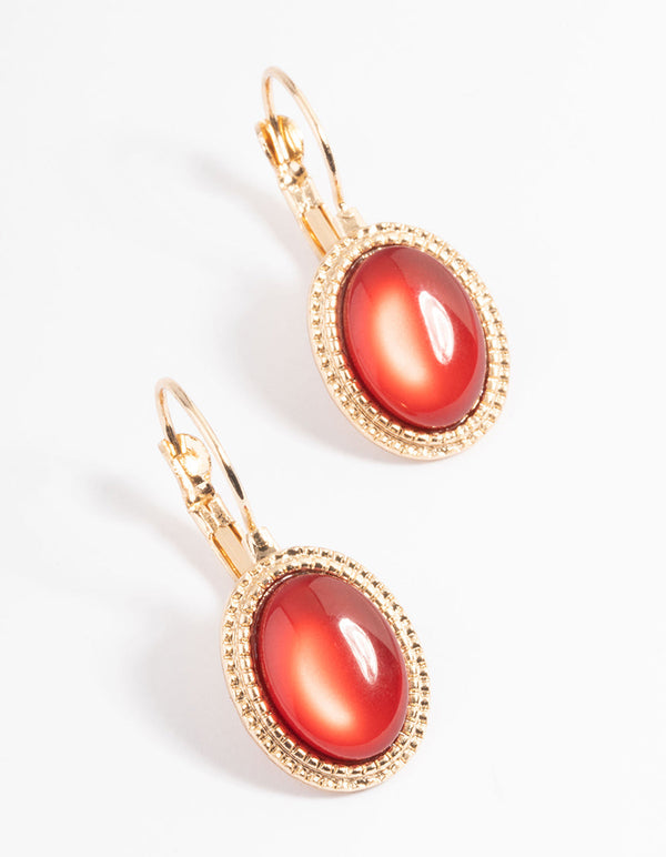 Red Oval Stone Huggie Earrings