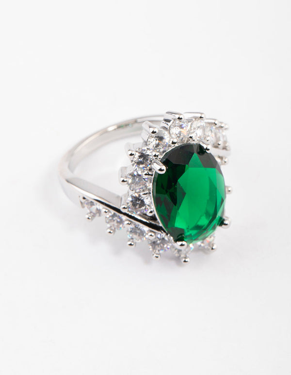 Rhodium Cubic Zirconia Vintage Green Oval Ring