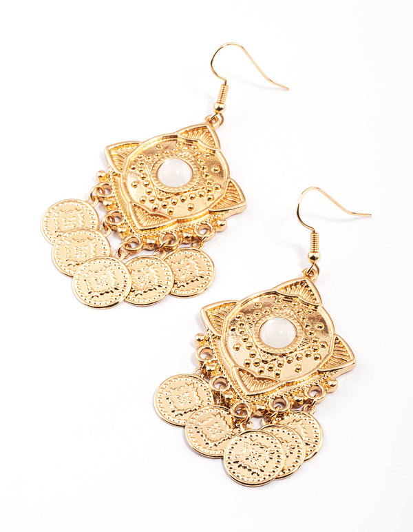 Gold Stone Stamp Disc Tassel Earrings