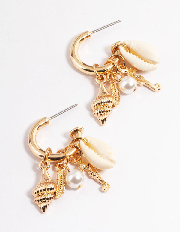 Gold Mixed Motif Beachy Hoop Earrings