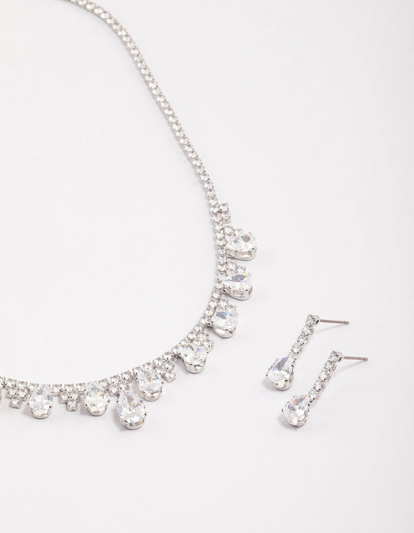 Rhodium Cubic Zirconia Cupchain Teardrop Earrings & Necklace Set