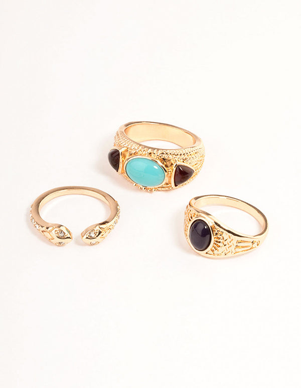 Gold Oval Turquoise Snake Ring Set