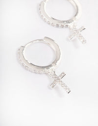 Silver Plated Cubic Zirconia Cross Drop Huggie Earrings - link has visual effect only