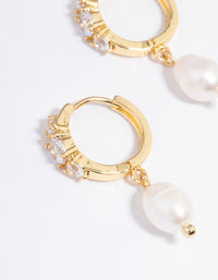 Gold Plated Freshwater Pearl Cubic Zirconia Small Huggie Hoop Earrings - link has visual effect only