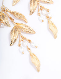 Gold Dainty Leaf & Pearl Drop Earrings - link has visual effect only