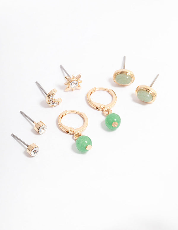 Gold Green Aventurine Diamante Celestial Stacker Earrings