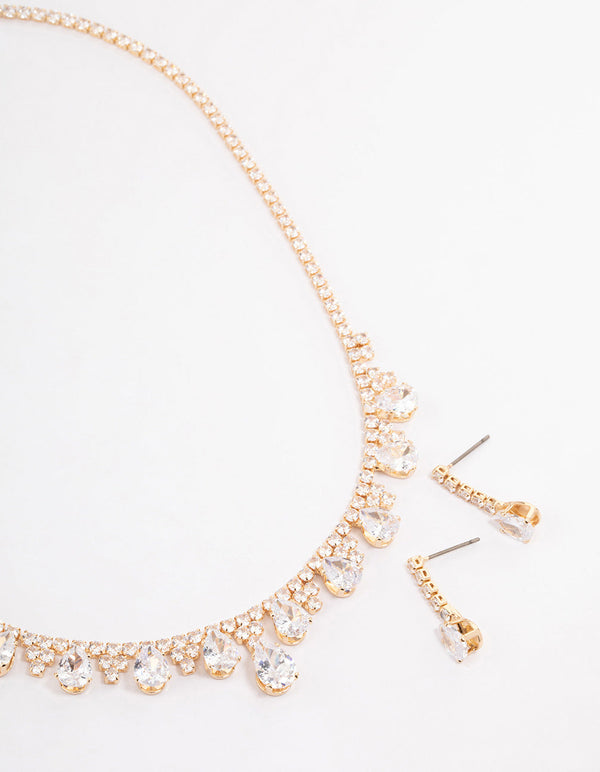 Gold Cubic Zirconia Cupchain Teardrop Jewellery Set