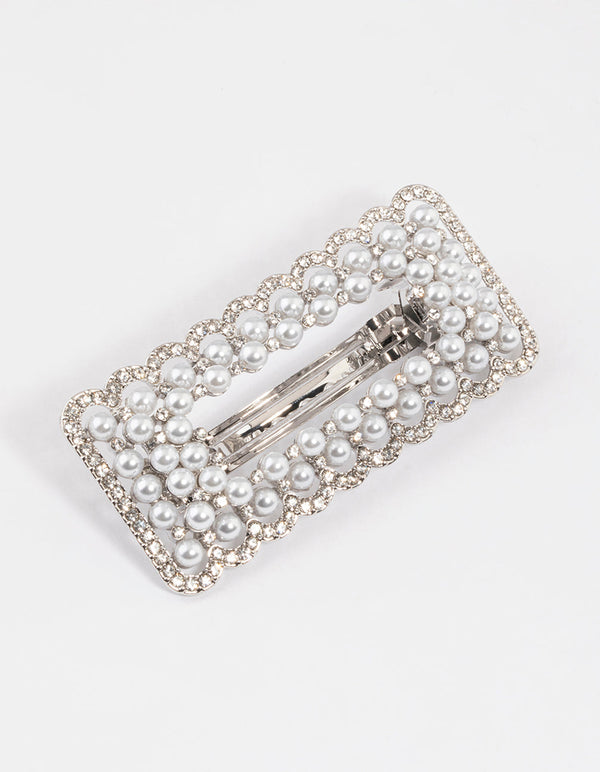 Rhodium Pearl Barrette Hair Clip