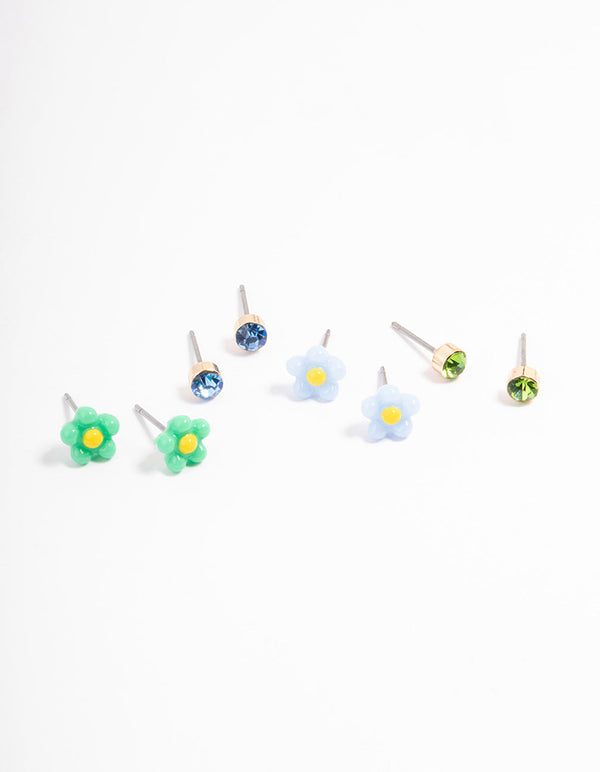 Green & Blue Flower Stud Earrings 4-Pack