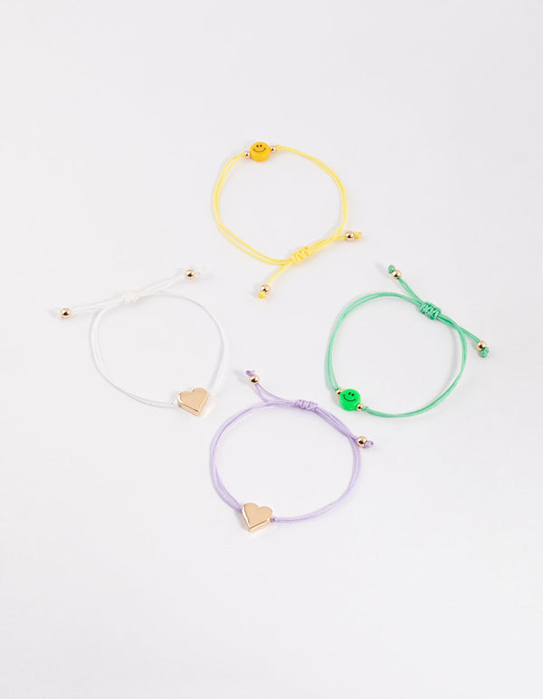 Gold Cord Heart & Smiley Bracelet 4-Pack