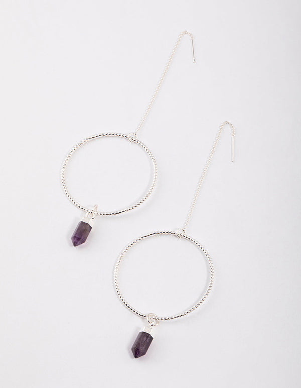 Silver Amethyst Hoop Threaded Earrings