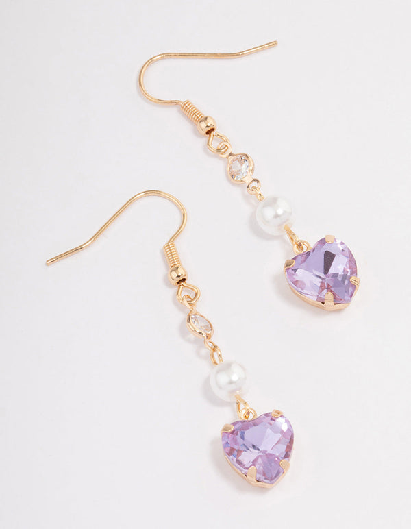 Purple Heart & Pearl Drop Earrings
